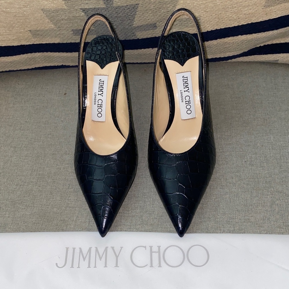 Jimmy Choo Ivy 85 Navy croc embossed leather slingback pumps NWT sz 5/35 - Picture 9 of 12